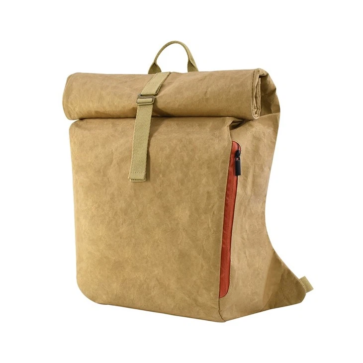 Roll-top Brown Washable Paper Backpack